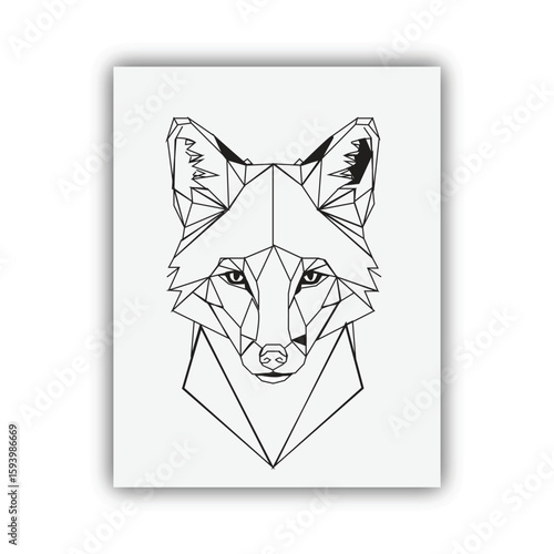 Minimalist geometric fox face, polygon shapes with sharp angles, clean black lines over white background, digital vector perfect for framed artwork