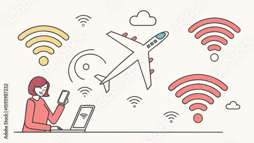 Woman using laptop and phone with airplane and wifi symbols in a connected world illustration created with generated ai