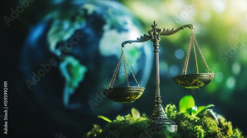 The scales of justice, representing law and order on a verdant planet.