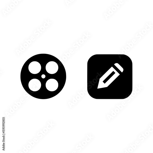 Two black icons representing a movie reel and a pencil inside a square, symbolizing video editing, filmmaking, and media content creation.
