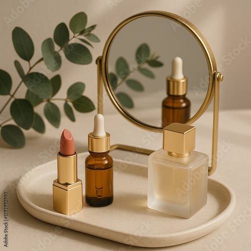 Warm-Toned Beauty Essentials with Gold Mirror on Tray