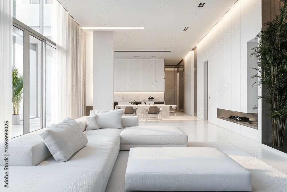 Fototapeta premium Chic living space in a luxury apartment, white-on-white aesthetic, premium textures