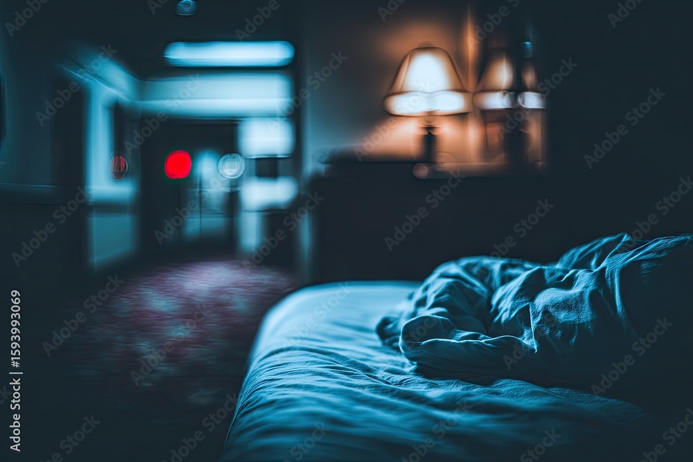 Obraz premium Dimly lit hotel room, unmade bed, hallway