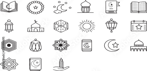 Geometric Islamic Icons – Crescent, Star, Mosque & Dome Vector Set