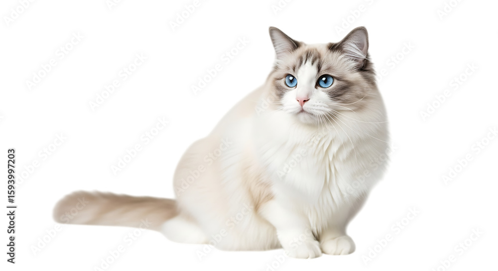 Beautiful ragdoll cat with blue eyes sitting on transparent background isolated on transparent background