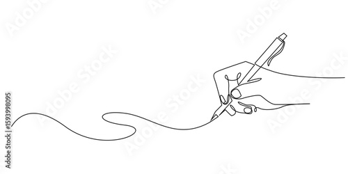 Minimalist continuous line art of a hand writing. Simple design with one line drawing style. Perfect for educational banners, business backgrounds, creative themed illustrations.