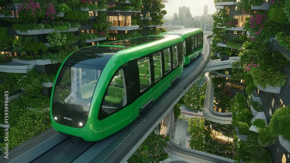 Futuristic Green City With Elevated Train Transport System Amid Lush Greenery Modern Architecture And Eco Friendly Urban Design For Sustainable Living Futuristic Green City With Elevated Train Transport System Amid Lush Greenery Modern Architecture And Eco Friendly Urban Design For Sustainable Living
