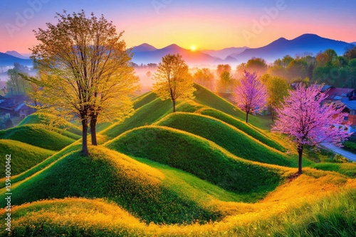 Sunrise over rolling hills, vibrant colors