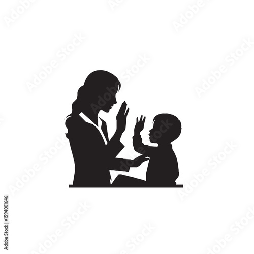 Deaf Child Signing to Teacher Silhouette on White Background – Vector Illustration for Inclusive Education, Symbolic Communication, and Empowered Learning Concepts