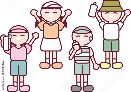 夏の暑さ対策をする子供たちのベクターイラスト