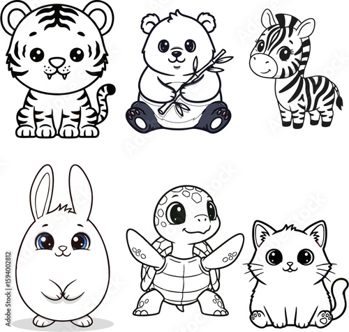 Cartoon Animals: A delightful assortment of cartoon animals, meticulously drawn, featuring a tiger, panda, zebra, rabbit, turtle, and cat, creating a cheerful and playful atmosphere.