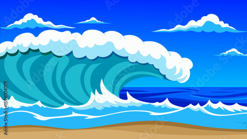 Cartoon Ocean Wave Crashing on Beach with Blue Sky and Clouds