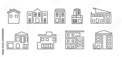 Modern and Minimalist Building Icons Set. Outline Style of Various Urban House and Apartment Styles, Residential Real Estate and Architecture Pictograms for Web, App, or Infographic Use