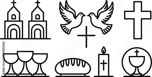A collection of christian symbols including churches doves cross chalices bread and a candle in black outline