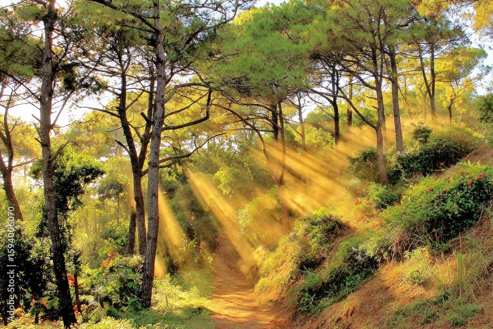 Obraz premium Sunbeams through a pine forest path