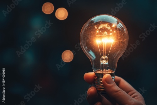 Bright idea metaphor, hand holding shining lightbulb with dark background