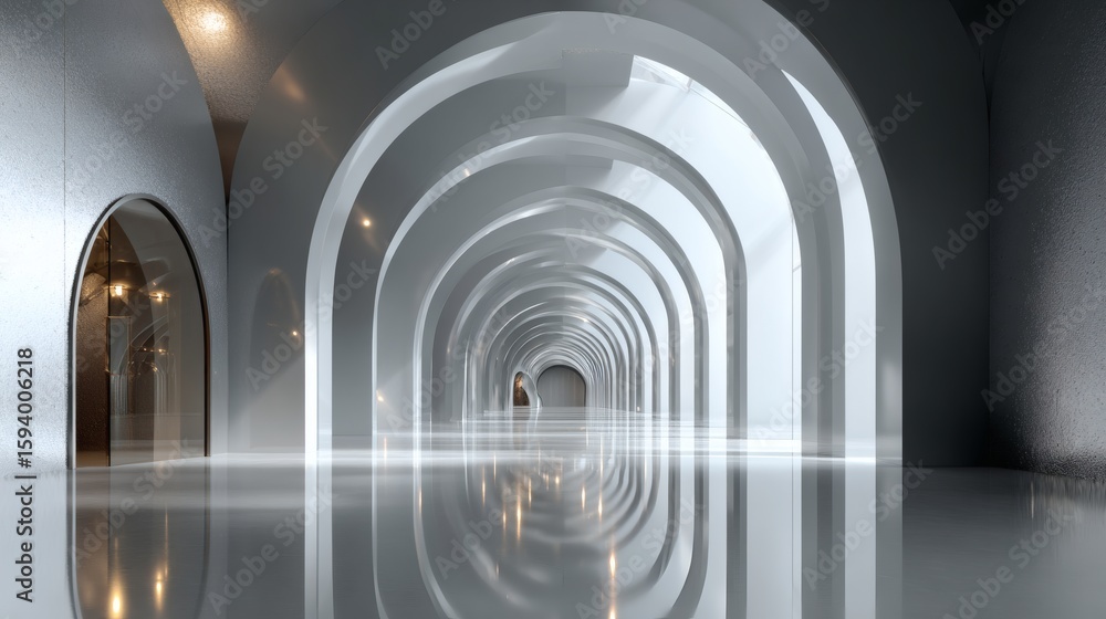 Fototapeta premium A minimalistic open space defined by a corridor of reflective chrome arches, perfectly aligned in perspective from foreground to vanishing point, with fine surface texture visible on the arches 