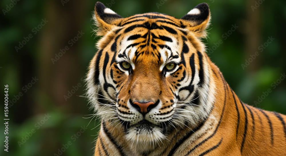 Majestic Malayan tiger stares intently, its orange and black stripes sharply defined against a blurred green forest background. Majestic Malayan tiger stares intently, its orange and black stripes sharply defined against a blurred green forest background.