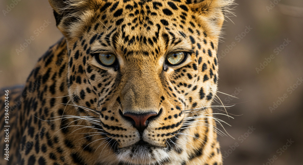 Fototapeta premium Close-up portrait of a leopard with intense gaze, showcasing its spotted fur and facial details.