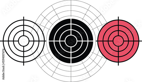 Three targets in black white and red on a grid background for accuracy and precision testing range use