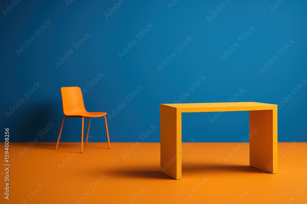 Fototapeta premium Minimalist Orange Chair and Yellow Table in Modern Colorful Room