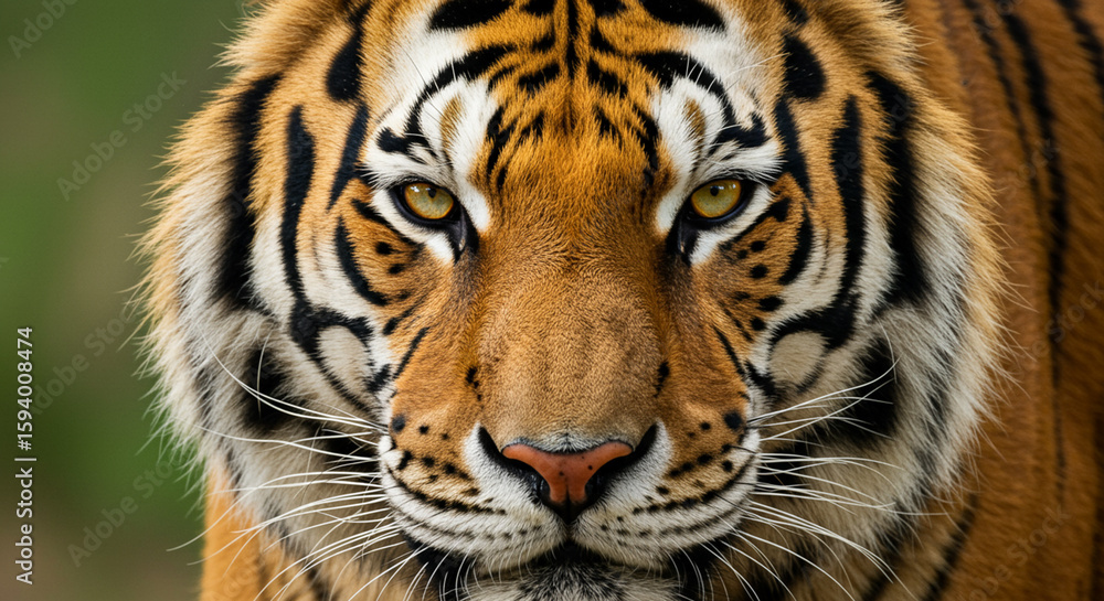 Naklejka premium Close-up portrait of a tiger, showcasing its striking orange and black stripes, intense gaze, and powerful features.