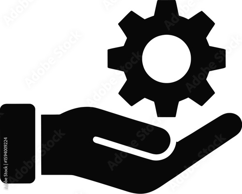 Black hand holding a gear on a white background symbolizing support or assistance in settings management