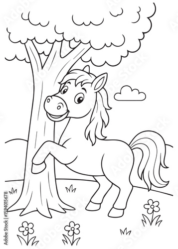 Coloring book pony hugging a tree joyfully in a flower field.