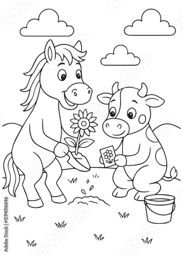 Coloring book pony and cow planting flowers together.