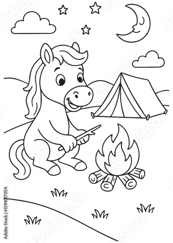Coloring book page of a pony at campfire.