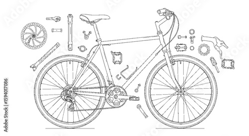 Detailed line art illustration of a bicycle and its deconstructed parts.