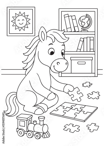 Coloring book pony playing with puzzles and toys indoors.