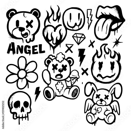 Edgy Black and White Graffiti Style Doodle Elements Collection