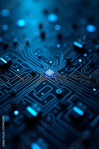 Close-up view of a complex circuit board with intricate pathways and a central processor chip.