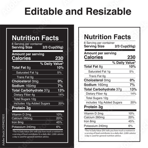 Black and White Nutrition Facts Label Vector Editable and Resizable Food Info Design