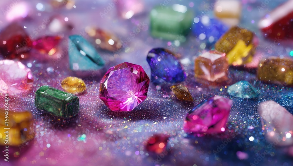 Colorful gemstones scattered on a glittery surface Colorful gemstones scattered on a glittery surface