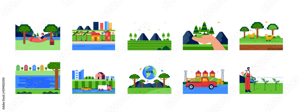 Fototapeta premium Ecosystem illustrations set. Concept of ecosystem. Green ecosystems of Earth. Flat vector illustrations.