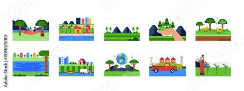 Ecosystem illustrations set. Concept of ecosystem. Green ecosystems of Earth. Flat vector illustrations.