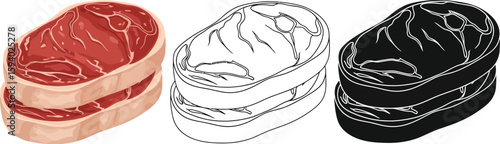 Raw beef steak illustration, fresh meat cuts, sirloin steak, ribeye steak, butcher shop, meat market