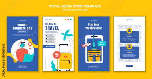 Flat Style Cartoon Illustration for World Tourism Day Social Media Post Stories Template