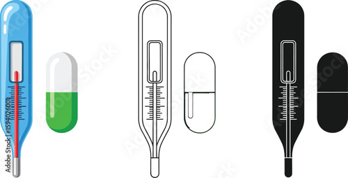 Medical thermometer and capsule pill for health care and treatment of fever and illness vector design