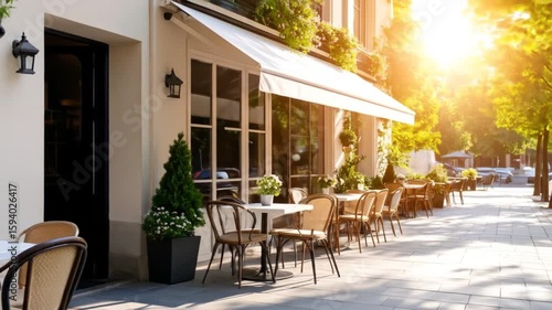 Sunny Outdoor Cafe with White Awning