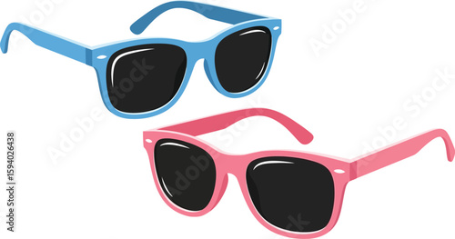 Illustration of two pairs of sunglasses one blue and one pink on a plain white background scene view