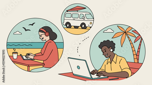 Illustration showing people working remotely from beach and tropical location with van life