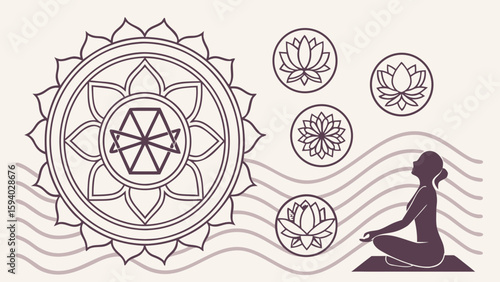 Illustration of a woman meditating with lotus flower mandala and wavy lines background art work