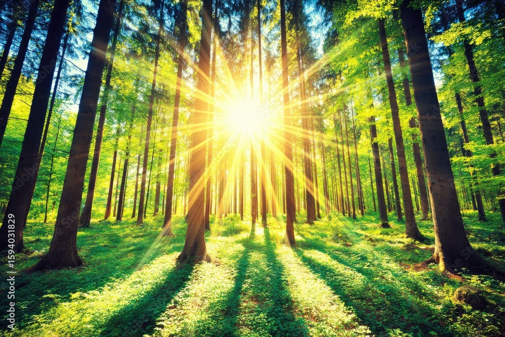 Fototapeta premium Sunlight streams through lush forest canopy (2)