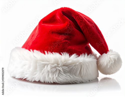 Christmas Hat on White Background: Classic Red Santa Claus Hat with White Fur Trim, Holiday Headwear for Festive Season, Traditional Christmas Costume Accessory