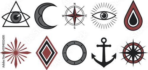 Assorted Symbols Eye in Triangle, Crescent Moon, Compass Rose, Anchor, Teardrop and More