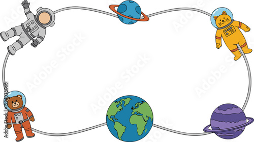 Cartoon Animals in Space Suits Frame with Planets and the Earth for Children