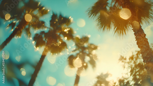 Palm Trees Sunny Sky Bokeh Dreamy Vacation Vibes Retro Filtered Summertime Scene Featuring Tropical Palm Trees Against a Bright Sky with Glowing Bokeh Accents Evoking a Nostalgic and Relaxing